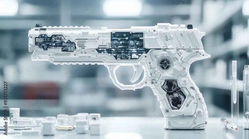 Poster cutting-edge futuristic handgun with digital interface on lab table, generative ai