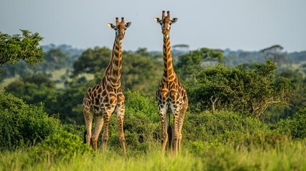 Fototapeta premium Two giraffes stand in a grassy savanna, looking straight at the camera. The giraffes are in the foreground, with a lush green background of trees and foliage.