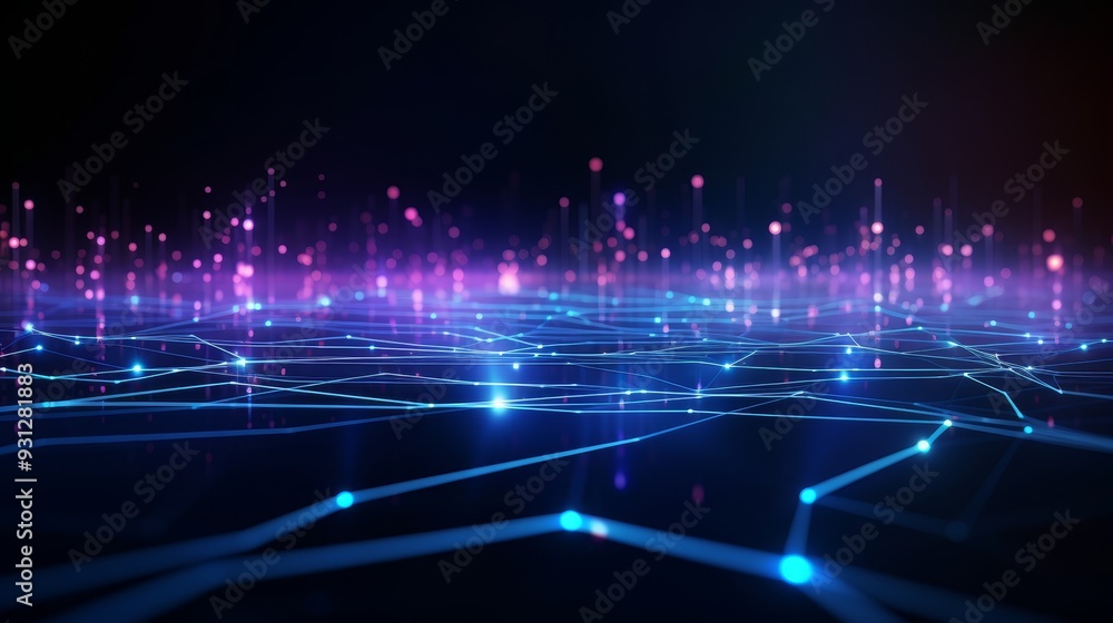 Poster a vibrant digital landscape with glowing lines and dots, representing the concept of data flow and t