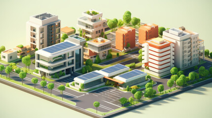 A vibrant cityscape featuring modern buildings, green spaces, and solar panels, illustrating urban development and sustainability.