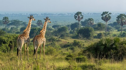 Obraz premium Two giraffes stand in a grassy savanna, looking toward a misty horizon with palm trees.