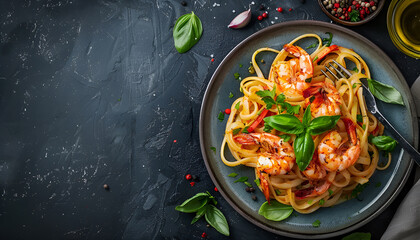 Top view tasty homemade italian prawn and shrimp linguine pasta dish on a plate