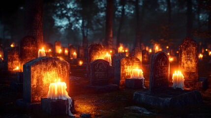 Candles Burning In Graveyard At Night
