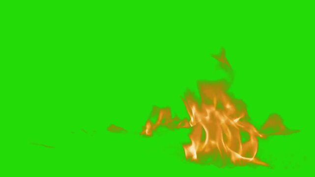 Flames rise above a wide area on ground engulfed in fire on transparent isolated green screen background