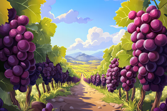 Fototapeta beautiful grape plantation cartoon illustration, fruit garden background