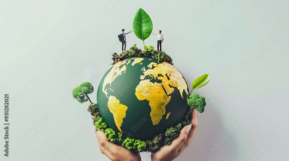 Poster miniature globe with tiny figures representing humanity, held by hands symbolizing our responsibilit