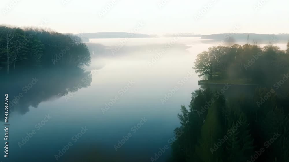 Poster spooky and mysterious atmosphere is enveloping a foggy lake reflecting a leafless tree in the early 