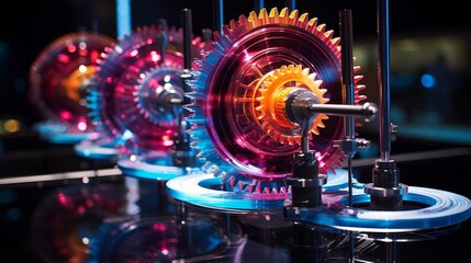 Close-up of vibrant gears showcasing intricate design and engineering marvels in a contemporary setting.
