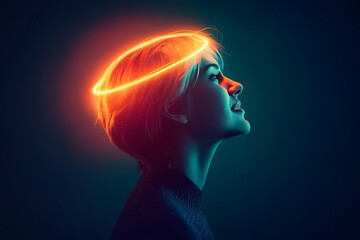 Dramatic profile of a young woman with vibrant neon lighting capturing the essence of creativity innovation and futuristic ideas in a bold artistic setting