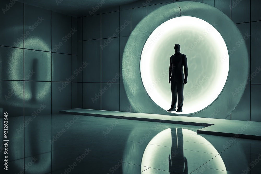 Poster mysterious figure standing in a circular doorway illuminated by a bright light symbolizing the journ