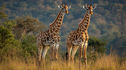 Obraz premium Two giraffes stand in tall grass with a blurred forest background.