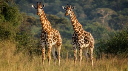Two giraffes stand in tall grass with a blurred green background.
