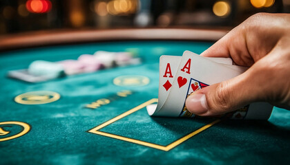 Obraz premium Casino set with roulette wheel, cards, dice and poker chips. Colorful Casino background