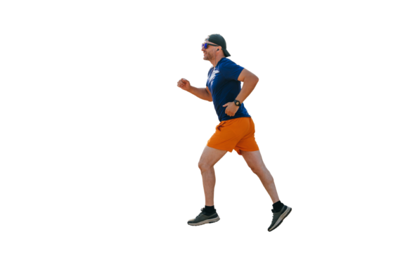 Middle-aged man jogging against transparent background, wearing athletic wear, staying fit and healthy with a morning run