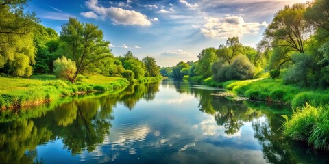 Tranquil landscape with calm river flowing peacefully through lush greenery