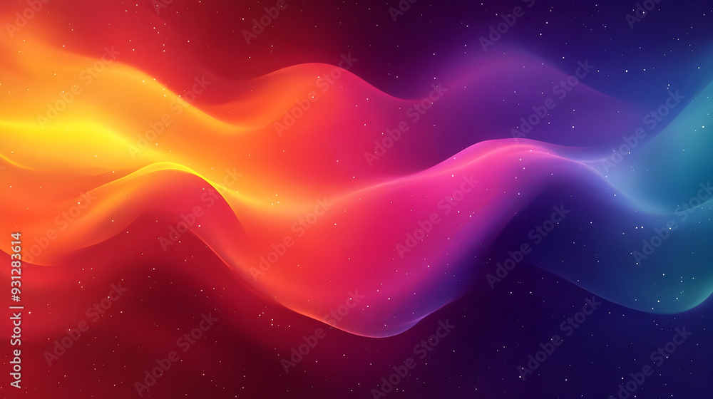 Poster vibrant abstract waves in gradient colors with starry background.