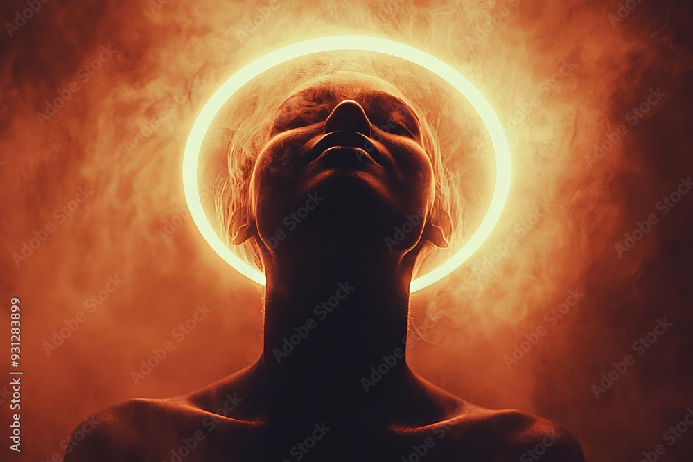 Poster Dramatic portrait of a person with a glowing halo surrounded by fiery light symbolizing power resilience and transformative energy in an intense setting