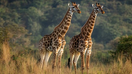 Obraz premium Two giraffes stand side-by-side in a grassy field, looking away from each other. The background is a blur of green trees.
