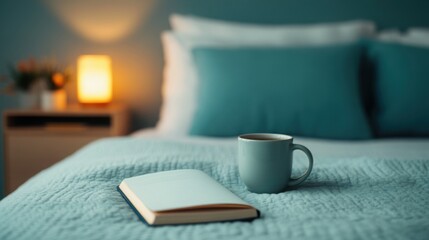 A serene bedroom with soft lighting, a cup of herbal tea, and a wellness journal on the nightstand, symbolizing a calming sleep routine