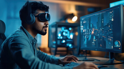 Indian male game designer crafting immersive video game environments using 3D software on