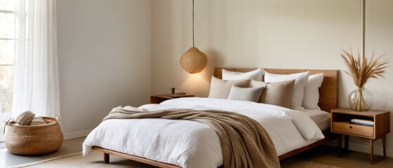 Serene modern bohemian bedroom featuring cozy bedding, wooden furniture, and natural decorative elements. Perfect for illustrating interior design and home comfort concepts.