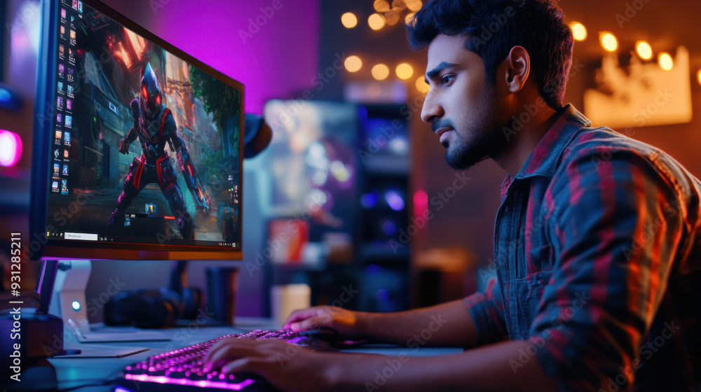 Poster indian male game designer using advanced 3d software to create characters, immersed in work