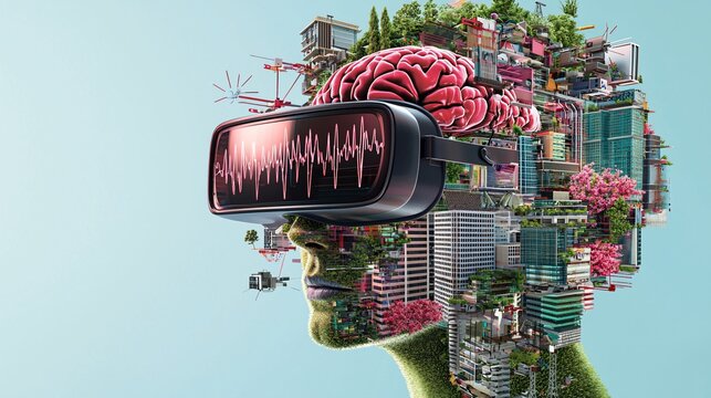 Virtual reality in a healthcare network security setup, 3D rendering, industrial, high quality, geometric, symbolic, 16:9