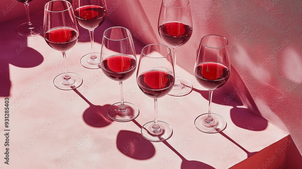Aufkleber a row of wine glasses with red wine in them. the wine glasses are arranged in a row and are all faci