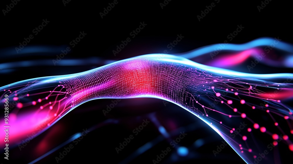Poster a colorful, abstract image of a wave with red and blue lines. the image has a futuristic, sci-fi vib