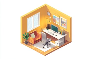 Create an isometric office room in a 1x1x1 cube, with a modern, minimalist style and a vibrant color scheme. The perspective should be playful and toy-like, with well-defined light and shadow effects
