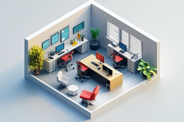 Render an isometric office room with a playful, cartoonish twist within a cube. Use bright, cheerful colors and distinct light and shadow effects to create a visually captivating and professionally