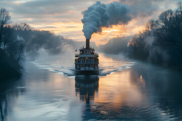 Majestic Steamboat Gliding Through Tranquil River Amidst Misty Sunset Scenery
