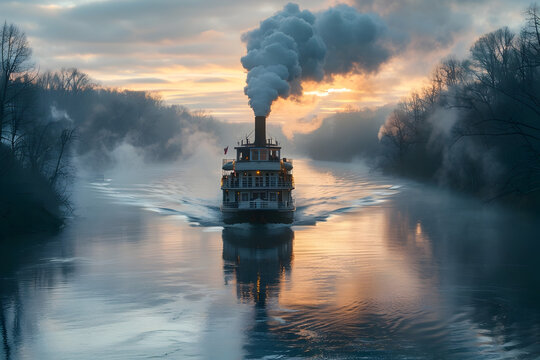 Majestic Steamboat Gliding Through Tranquil River Amidst Misty Sunset Scenery