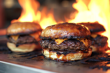 burger on fire, delicious burger food, grilled
