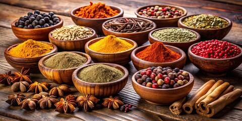 Fototapeta premium Wooden bowls filled with an assortment of aromatic spices including turmeric, cloves, peppercorns, cumin, and cinnamon