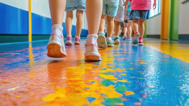 Kids' feet walking on colorful floor. This photo is perfect for showing the excitement and energy of children playing and learning in a school setting.