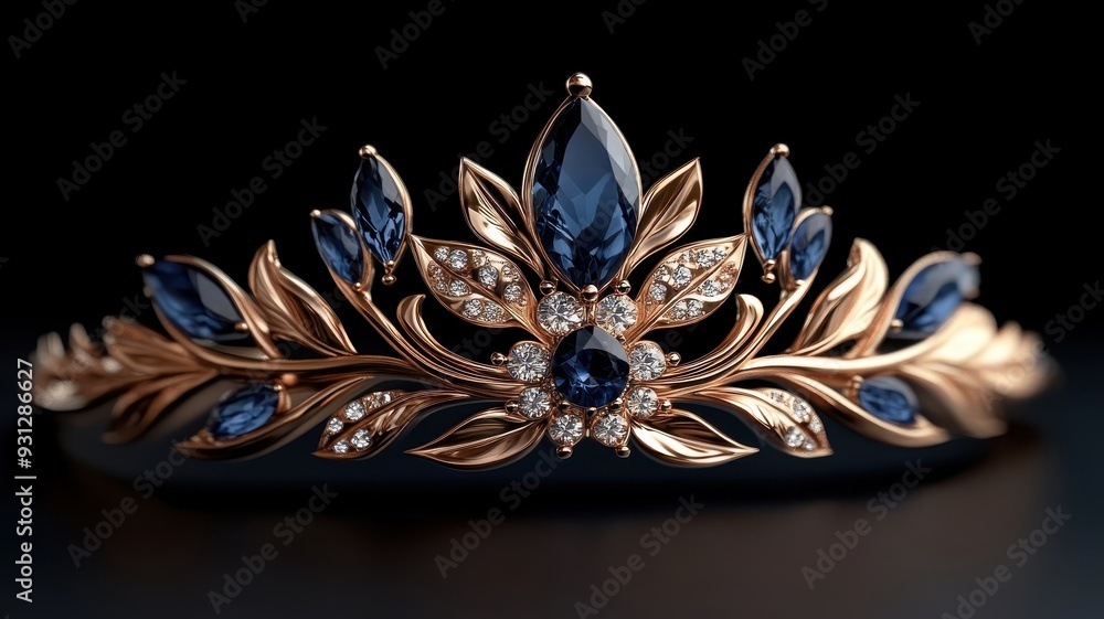 Wall mural stylized illustration of golden tiara with sapphire gemstones in bold lines.