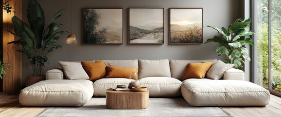 Living Room With Beige Modular Sofa And Wooden Coffee Table, Emphasizing Cozy Design