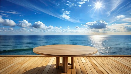 Obraz premium Wooden round table overlooking ocean on deck, wood, round table, wooden, deck, ocean, view, serene, peaceful, relaxation