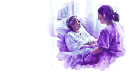 Purple watercolor painting of a nurse taking care patient on bed