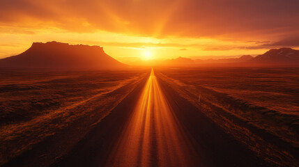 Fototapeta premium A lonely road stretches through the vast desert in Iceland, bathed in the warm glow of the setting sun. --ar 16:9 --v 6.1 Job ID: 68756255-e9f6-407f-8dc7-bab63a35f4fc