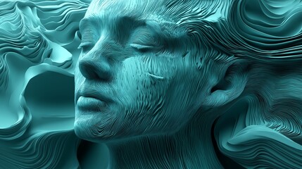 A woman's face is shown in a blue color. The face is very detailed and has a lot of hair. The image has a calm and serene mood, as if the woman is in a peaceful state of mind