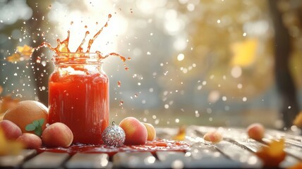 A playful and vibrant scene capturing the joy of a messy picnic, with a ketchup explosion and a sparkling bauble adding a touch of whimsy.