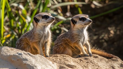 Fototapeta premium Two meerkats sit on a rock, alert and watchful, in a natural setting.
