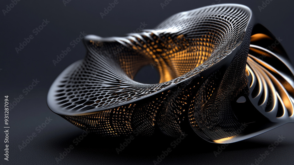 Poster abstract black and gold sculpture showcasing intricate patterns in a modern design against a dark ba