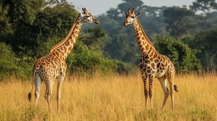 Obraz premium Two giraffes standing in tall grass, looking at each other in a field.