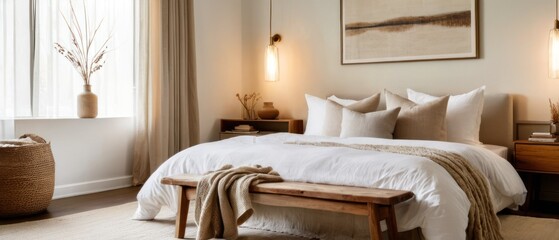 Serene modern bohemian bedroom featuring cozy bedding, wooden furniture, and natural decorative elements. Perfect for illustrating interior design and home comfort concepts.