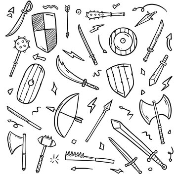 Medieval weapon doodle hand drawing vector collection set