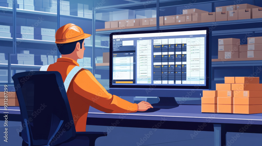 Poster inventory manager monitoring real-time stock levels and orders on a computer screen,
