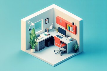Illustrate a modern isometric office space with a toy-like twist in a 1x1x1 cube. Employ vivid colors and balanced light and shadow effects to create a visually engaging and professional image.